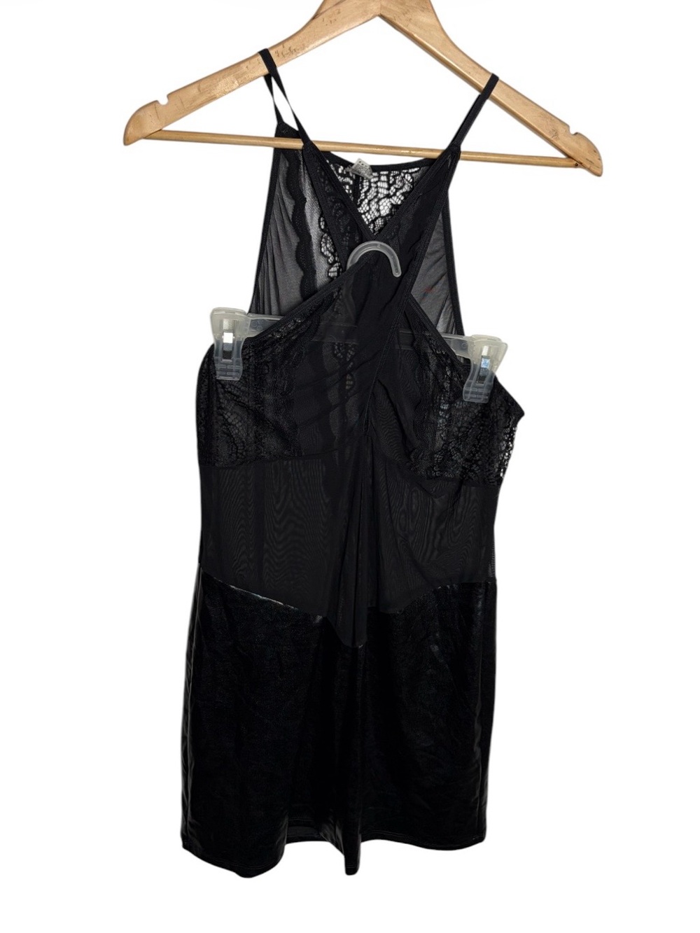 Black sheer mesh crisscrossed front faux leather panel lingerie mini dress 1X-3X